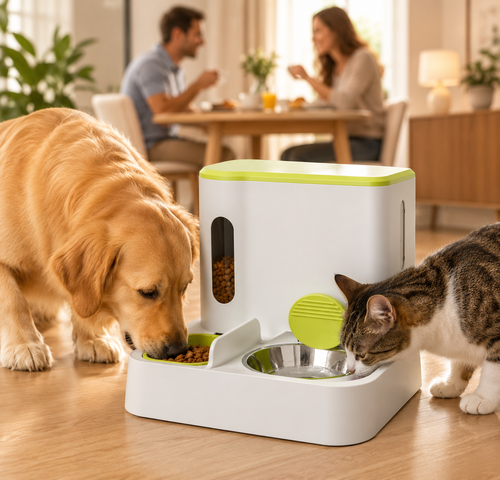 Automatic Pet Feeder and Water Dispenser, Dual Bowl Food and Water Dispenser for Cats and Dogs.
