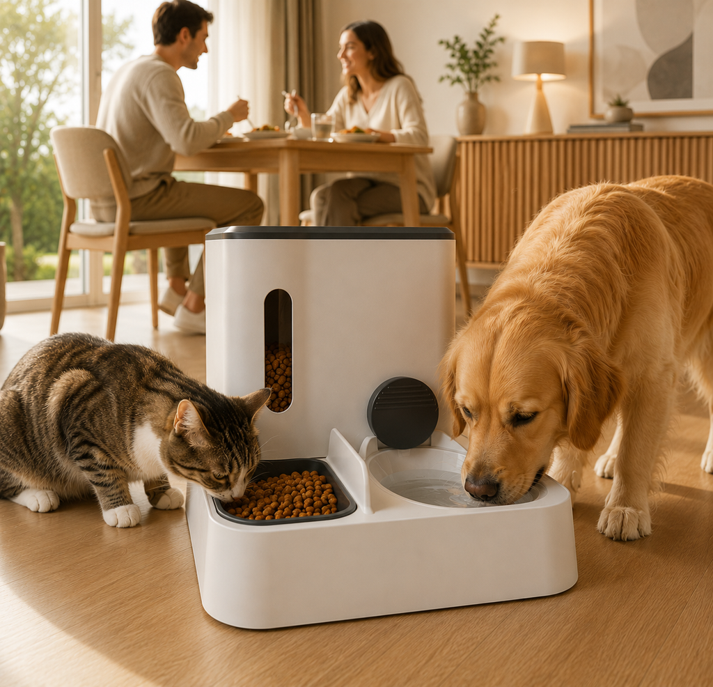 Automatic Pet Feeder and Water Dispenser, Dual Bowl Food and Water Dispenser for Cats and Dogs.
