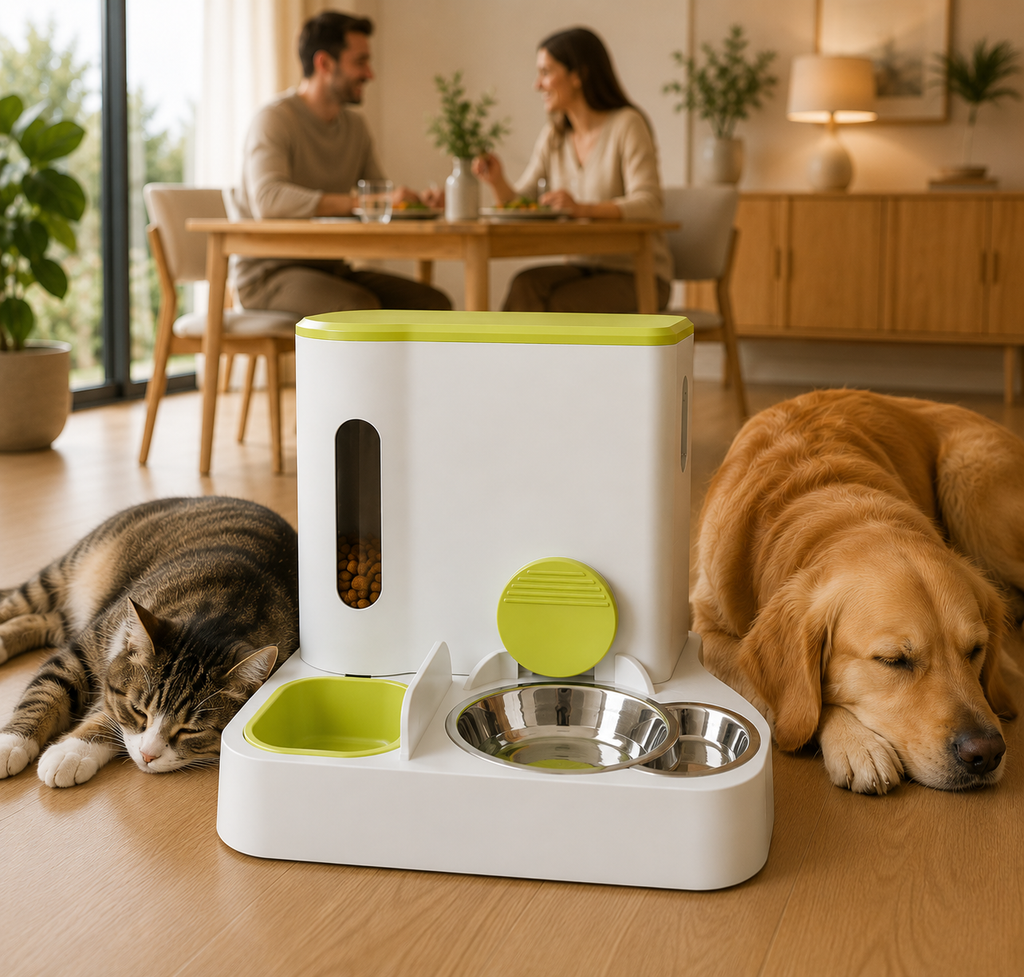 Automatic Pet Feeder and Water Dispenser, Dual Bowl Food and Water Dispenser for Cats and Dogs.